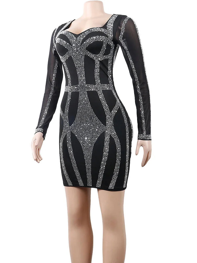 Women's Sparkle Black Rhinestone Bodycon Mini Dress Mesh Sleeve Sequins Night Dresses Special Occasion Outfits