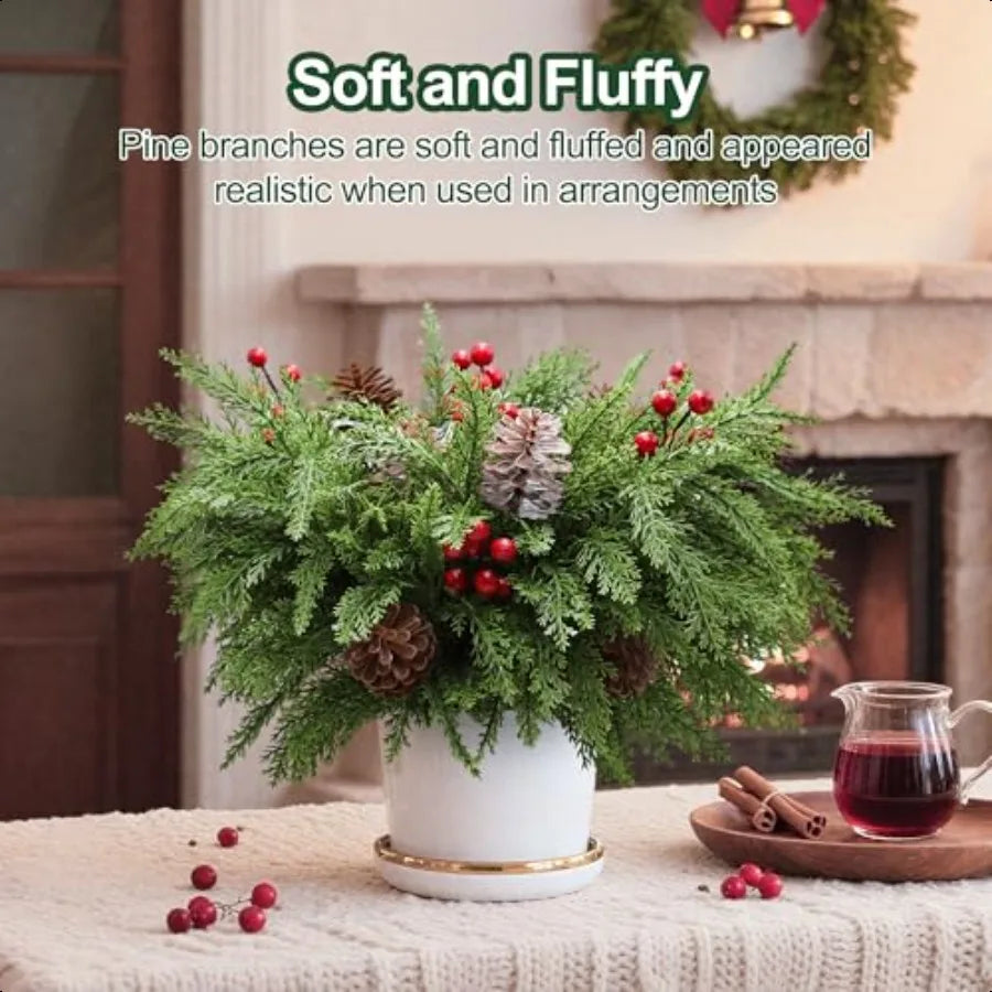 24PCS Christmas Pine Branches Decorations Artificial Pine Branches with Red Berry Stems and Pinecones