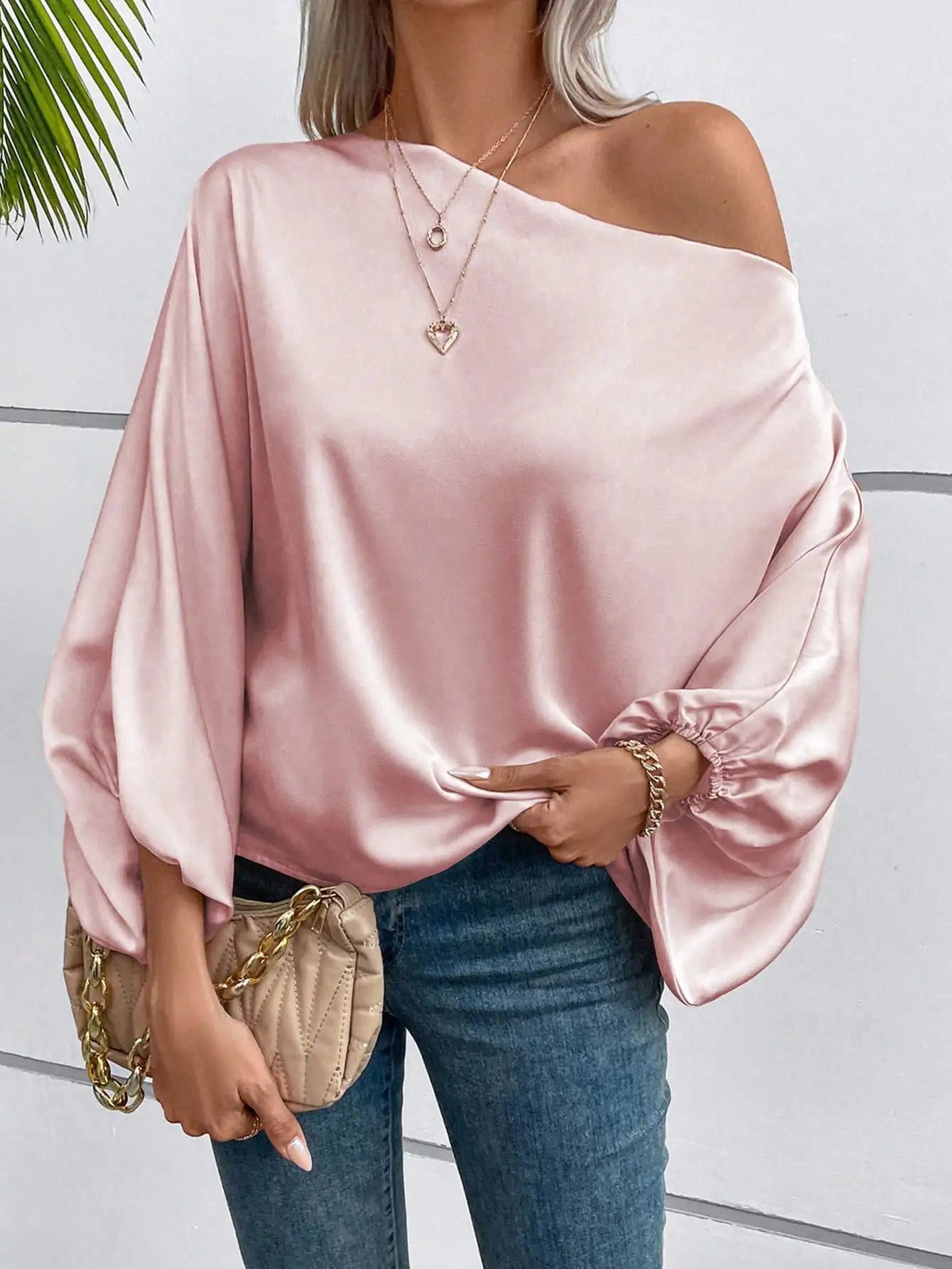 Red Asymmetric One Shoulder Blouse with Lantern Sleeves for Women Casual Wear