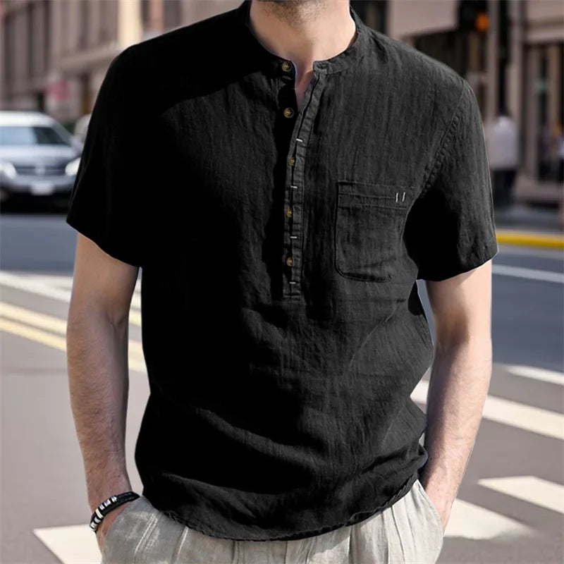 Men s Casual  Fit Short Sleeve Linen Henley Shirt