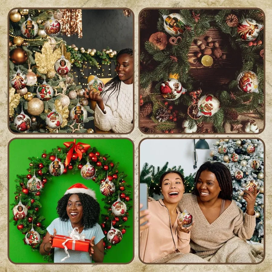 Outus 16 Pcs Santa Claus Black Ball Ornaments for Tree African American Christmas Hanging Ornaments Santa Claus Black Christmas