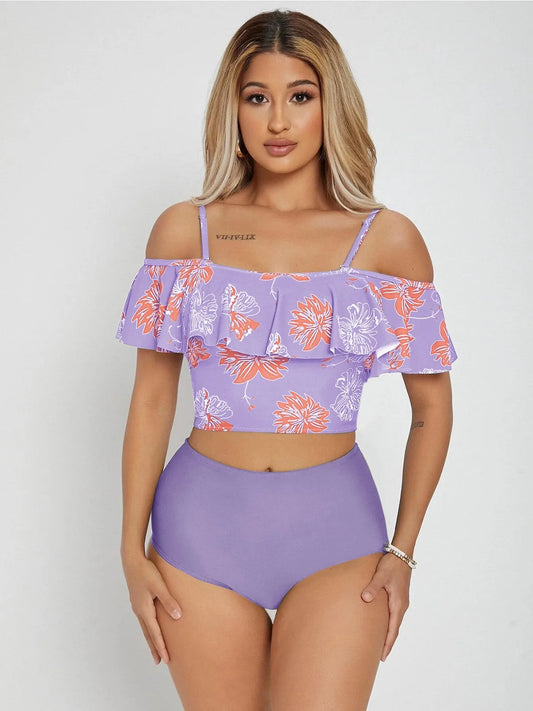 Flower Print Big Ruffle Two Piece Swimsuit