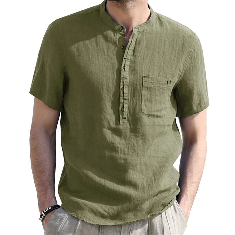Men s Casual  Fit Short Sleeve Linen Henley Shirt