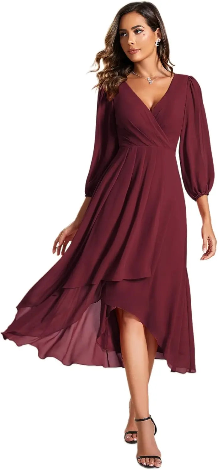 Ever-Pretty Women's Chiffon V Neck Long Sleeves Pleated A-Line Midi Length Wedding Guest Dress