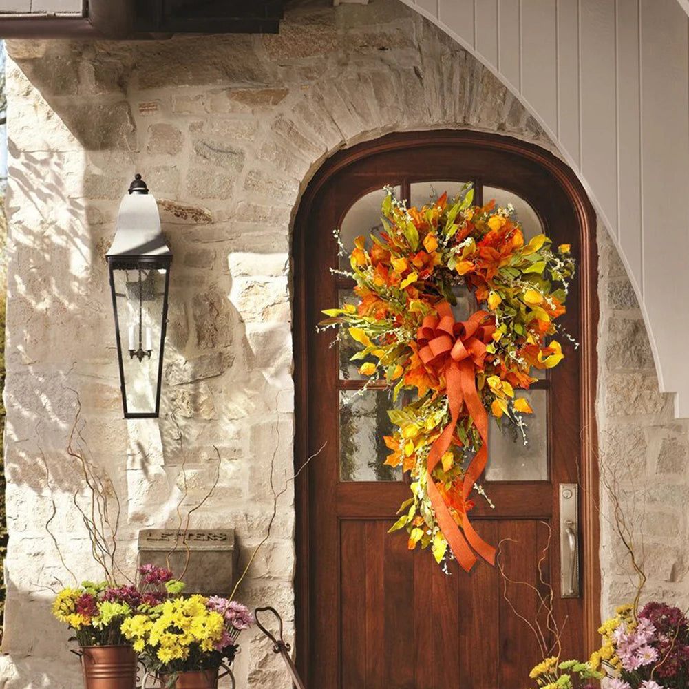 Thanksgiving Farmhouse Wreath Autumn Scene Decor Maple Leaf Artificial Wreath