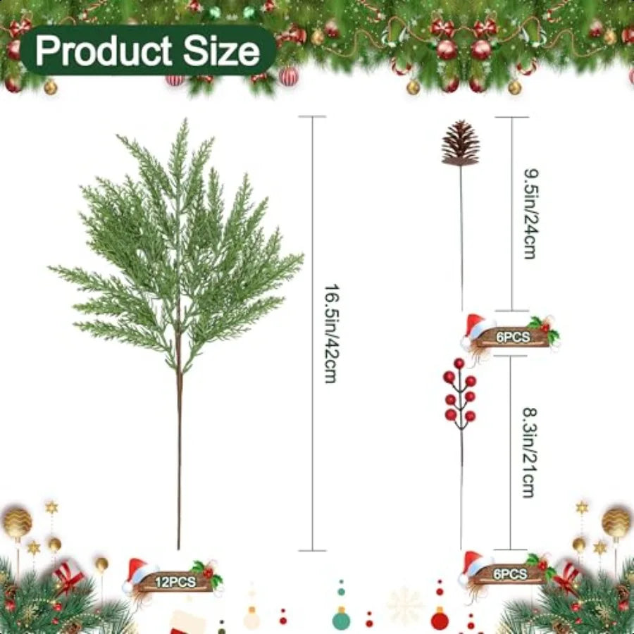 24PCS Christmas Pine Branches Decorations Artificial Pine Branches with Red Berry Stems and Pinecones