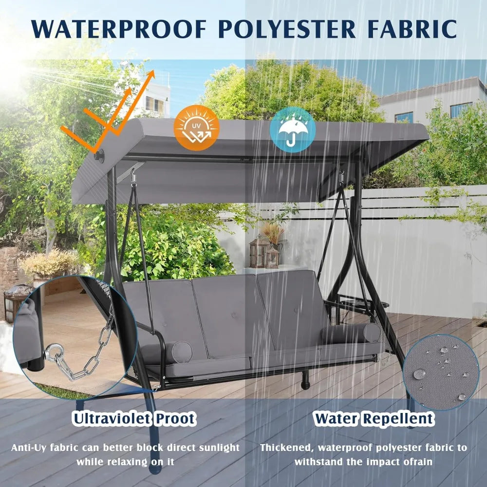 Grepatio Outdoor Porch Swing with Canopy and Stand, 3 Person Patio Swing for Adults, Convertible 2 in 1 Porch Bed Swing with Cup