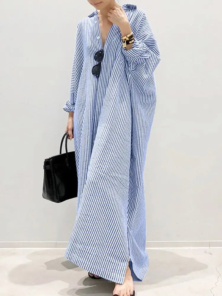Stripe Printed Beach Party Sundress Spring Fall Bohemian Women Long Sleeve Lapel Dress Fashion Casual Loose Vestidos