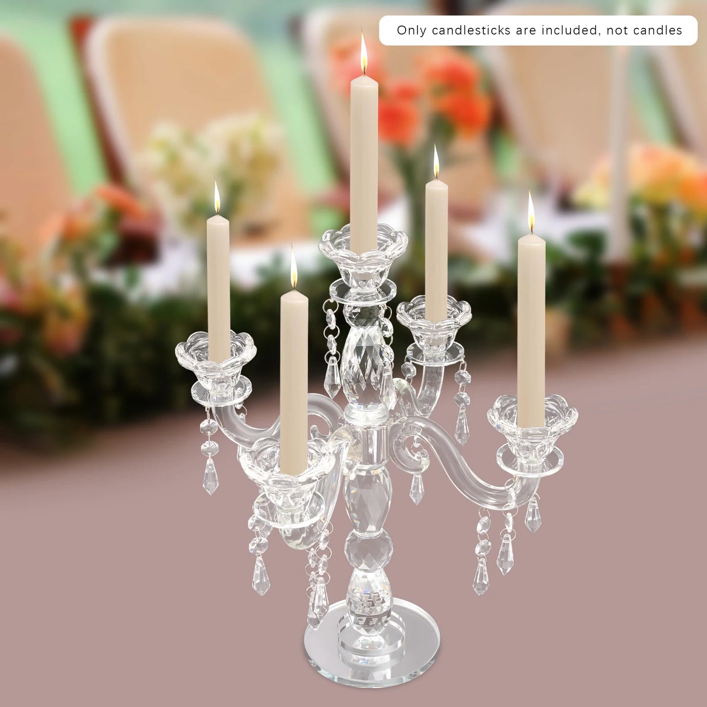 5 Heads Crystal Candle Holder, Modern 5-Arm Candle Centerpiece, Clear Glass Tabletop Candelabra for Wedding, Dining, Party Decor