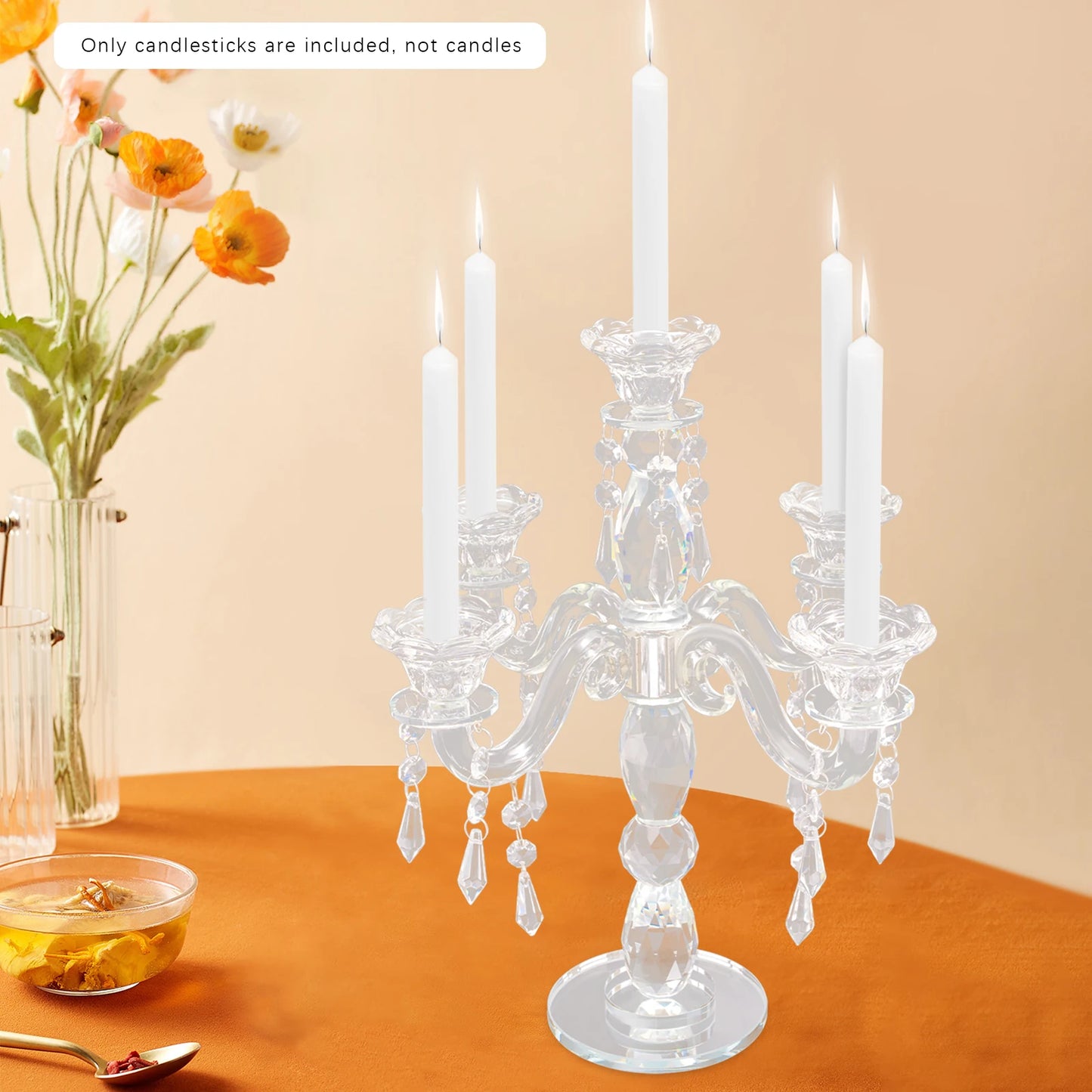 5 Heads Crystal Candle Holder, Modern 5-Arm Candle Centerpiece, Clear Glass Tabletop Candelabra for Wedding, Dining, Party Decor