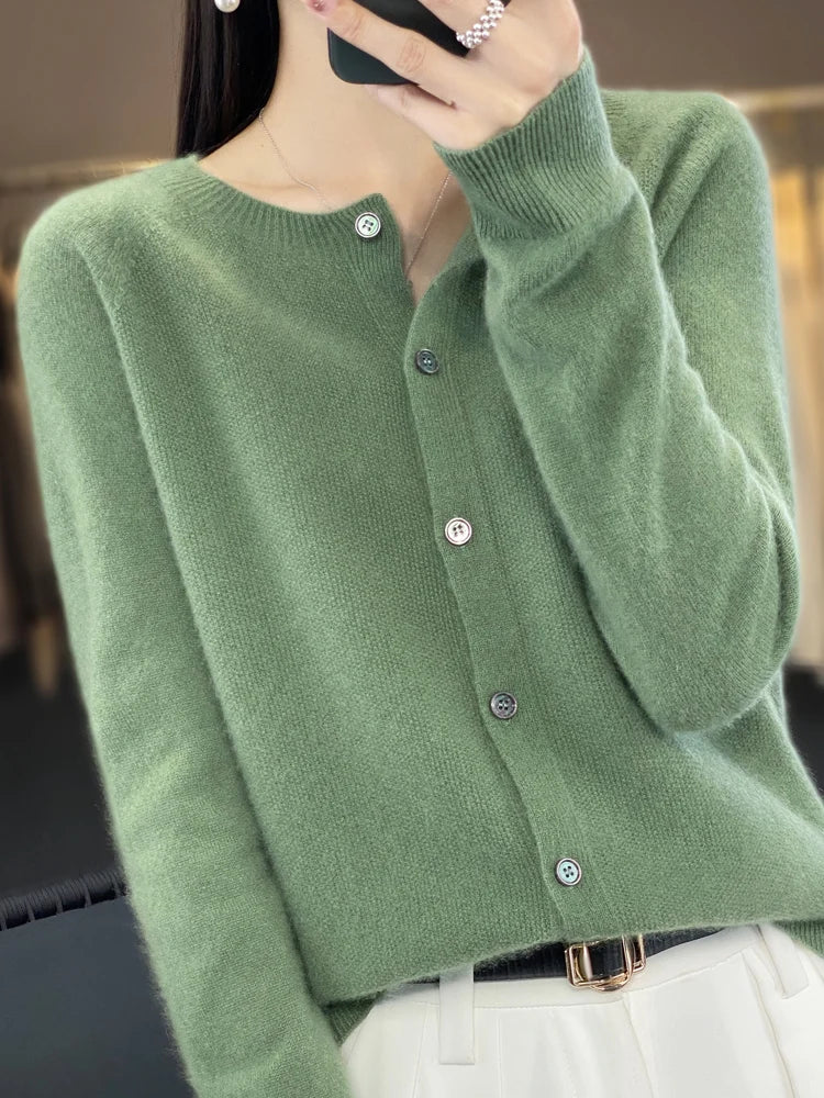 Long Sleeve 100% Merino Wool Sweaters Cashmere Cardigan Spring Autumn Women O-Neck Knitwear
