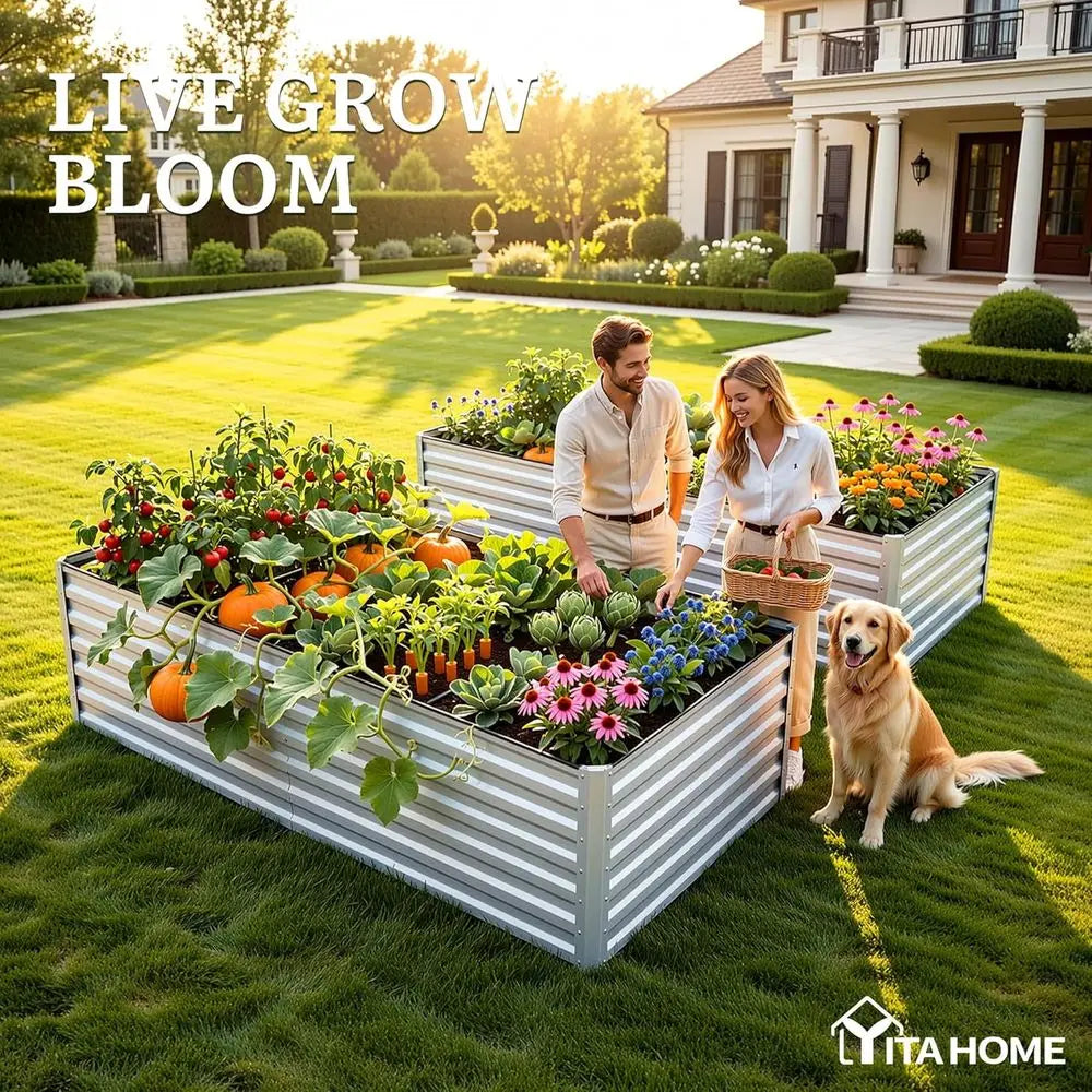 8x4x2t 2pcs Large Raised Garden Bed Kit, Galvanized Metal Planter Box with Gloves, Ground Nails & Saety Rubber, Outdoor Above Gr