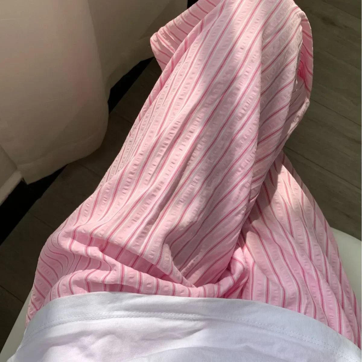 Casual Striped  Drawstring Straight Pant  Women Loose Holiday Pants Preppy Sweet Pink High Waist Office Trousers