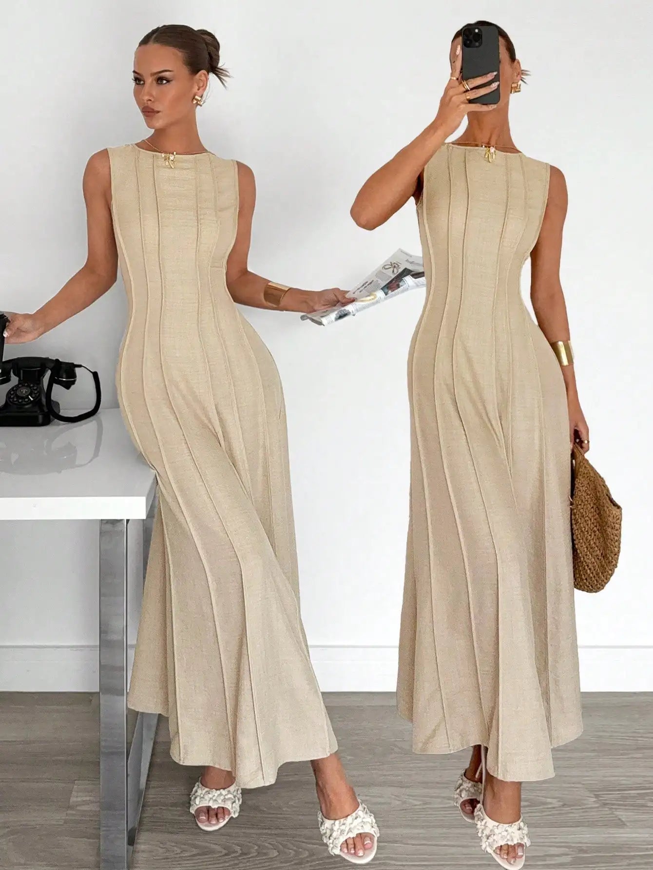 Elegant Linen Long Dress for Women, A-Line Pleated Waist, Sleeveless Maxi with Side Slit, Summer Holiday & Party Wear