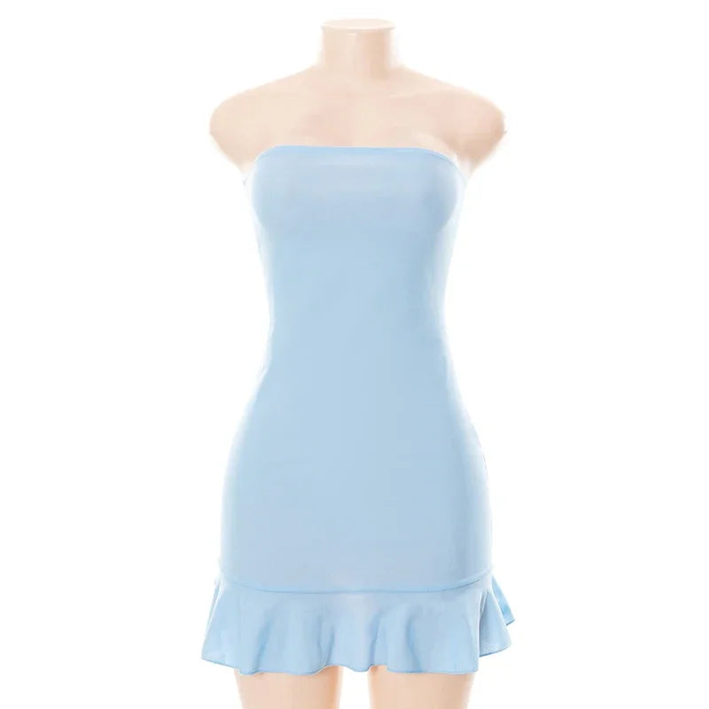 Women Soft  Blue Strapless Wrap Hipster Mini Pleated Dress Pullover Sexy Charm Outfits Girls Dating Wear
