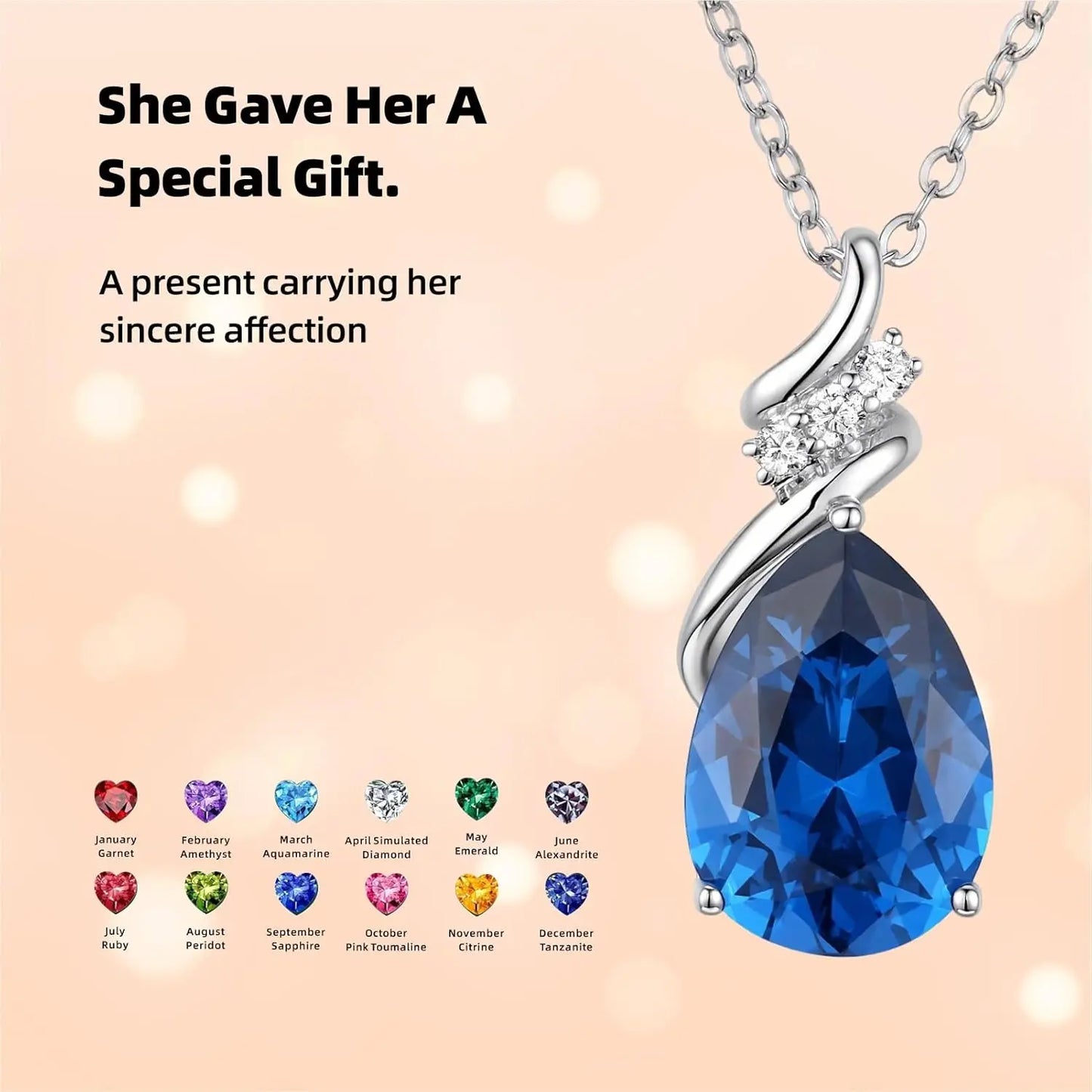 S925 Sterling Silver Teardrop Birthstone Necklace for Women | CZ Pendant Gift for Mom Wife Girlfriend