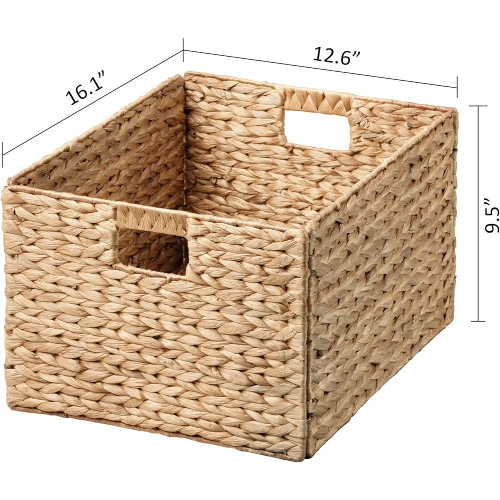 Extra Large Rectangular Water Hyacinth Wicker Storage Baskets with Iron Wire Frame, 16.1x12.6x9.5, Natural, Set of 4