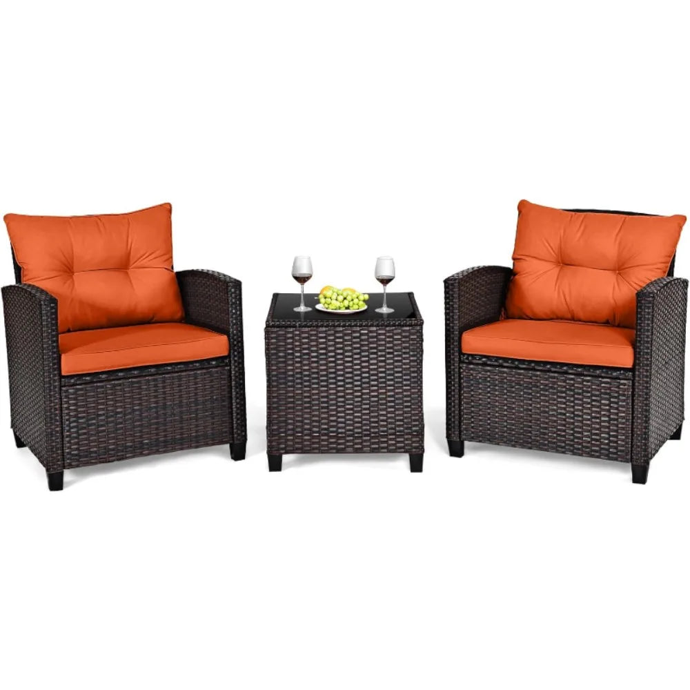 3 Pieces Patio Furniture Set Outdoor Furniture Rattan Wicker Chairs and Table Set, Washable Cushions Tempered Glass Coffee Table