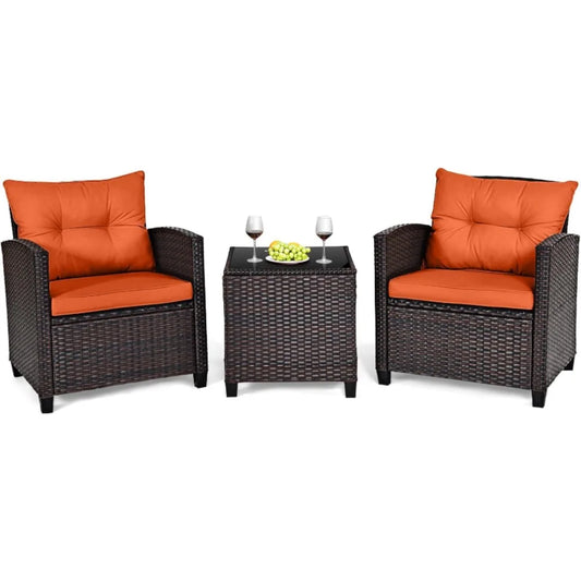 3 Pieces Patio Furniture Set Outdoor Furniture Rattan Wicker Chairs and Table Set, Washable Cushions Tempered Glass Coffee Table