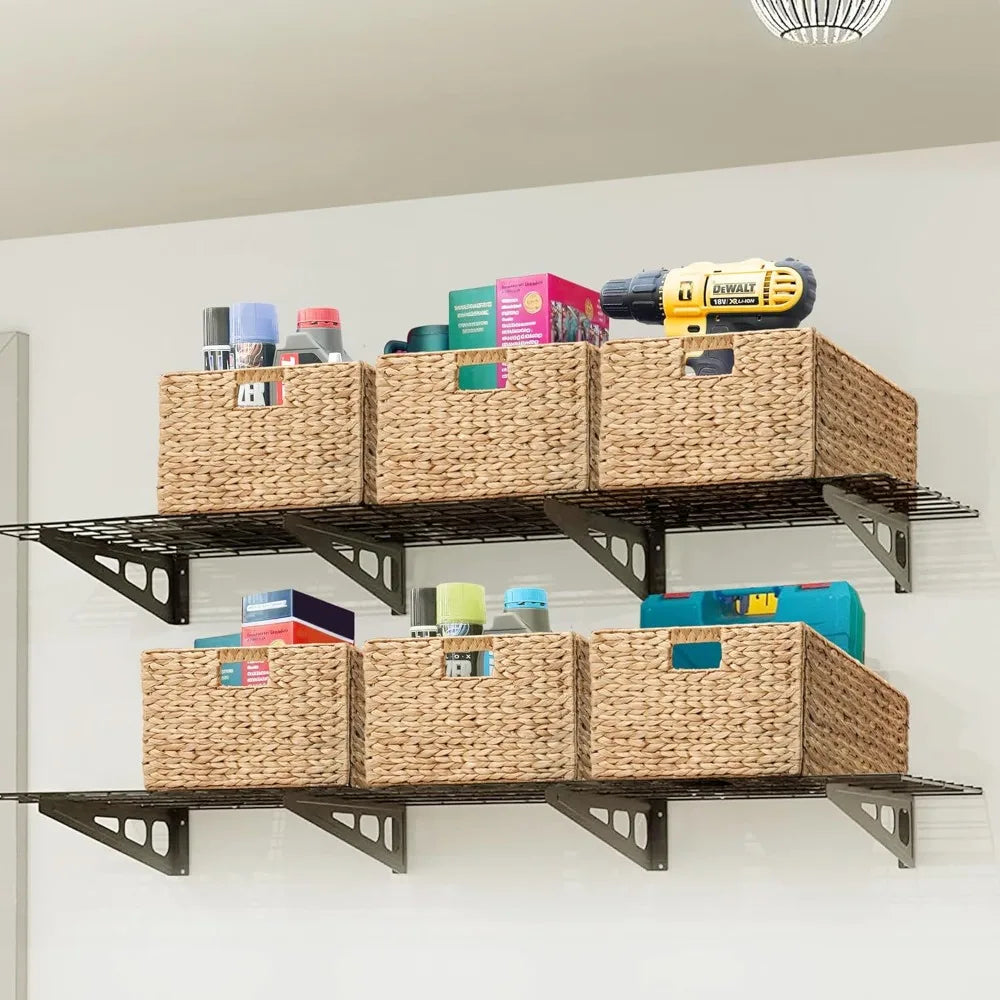 Extra Large Rectangular Water Hyacinth Wicker Storage Baskets with Iron Wire Frame, 16.1x12.6x9.5, Natural, Set of 4