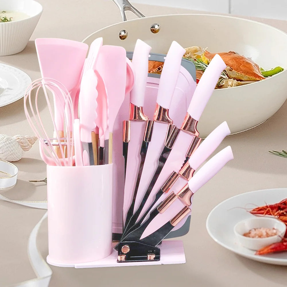 MDHAND 20pcs Heat-Resistant Silicone Kitchen Utensil Set with Wooden Handles Knives Soup Spoon with Scissors Hassle-Free Cooking