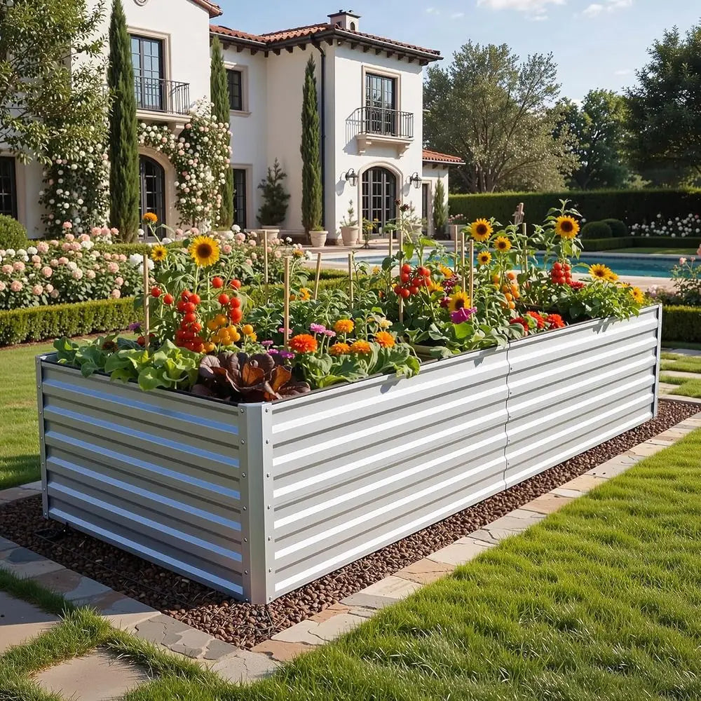 8x4x2t 2pcs Large Raised Garden Bed Kit, Galvanized Metal Planter Box with Gloves, Ground Nails & Saety Rubber, Outdoor Above Gr