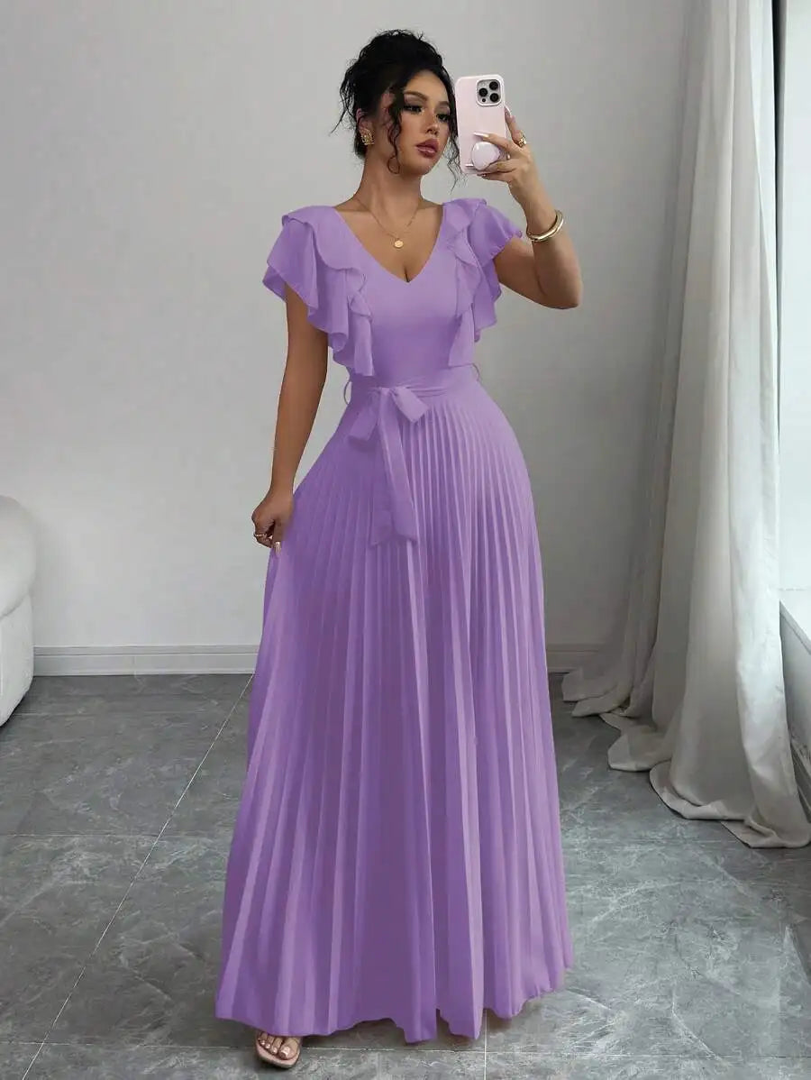V-Neck Ruffle Sleeve Pleated A-Line Maxi Dress with Waist Tie