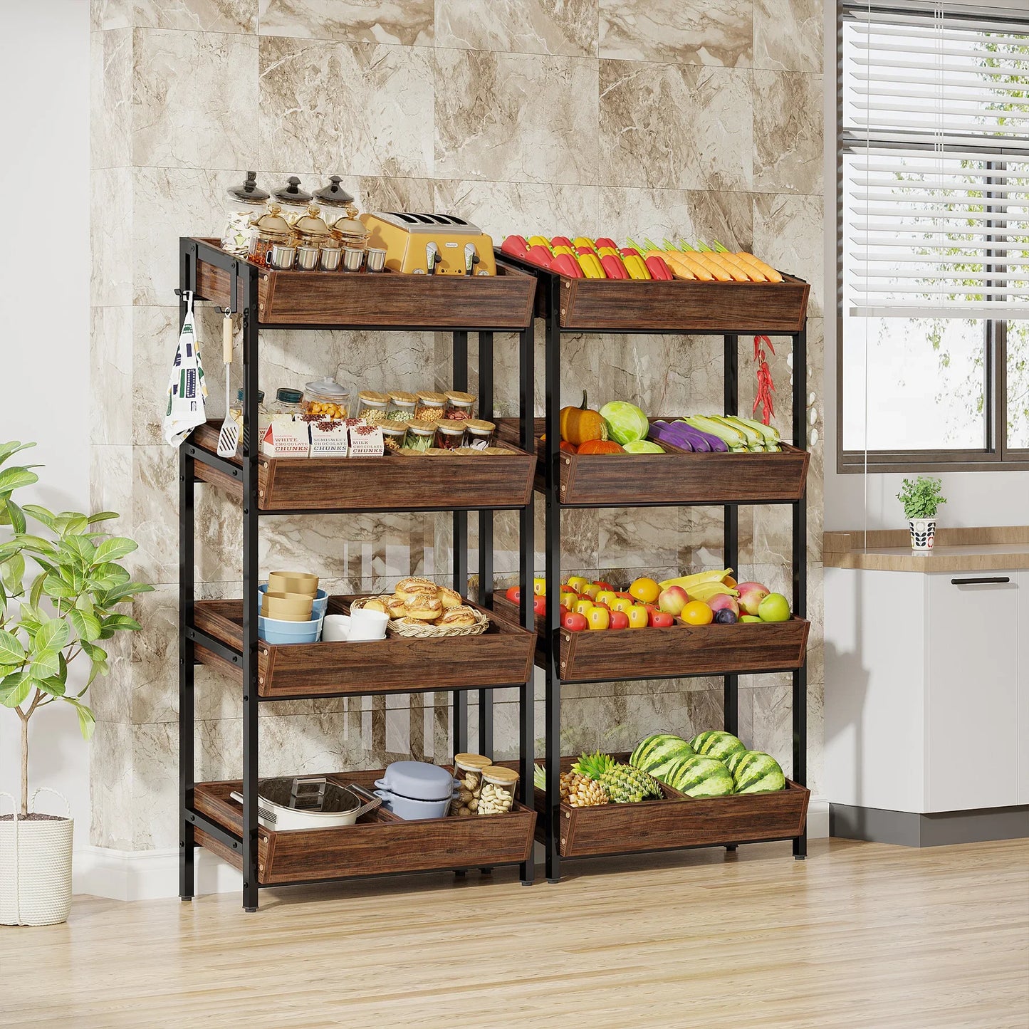 4-Tier Wood Utility Storage Shelves for Kitchen, Office, Store
