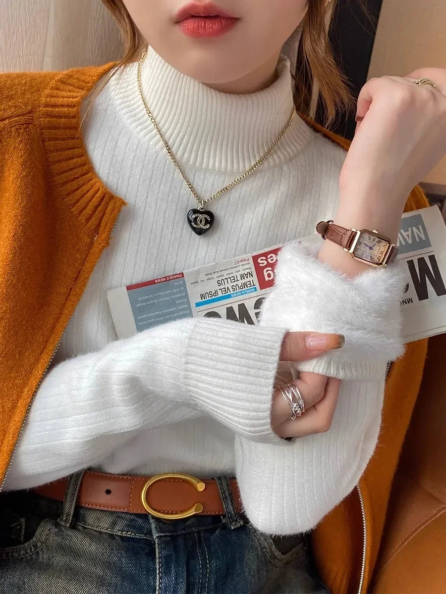 Sweater For Women Winter Turtleneck Slim Knit Pullover New Warm Plush Velvet Lined Knitwear