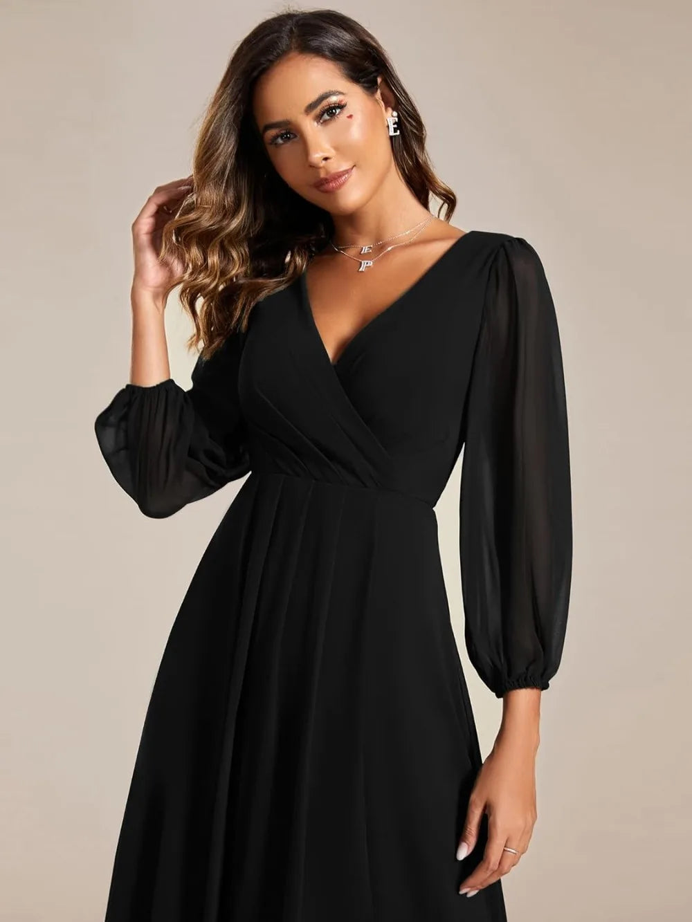 Ever-Pretty Women's Chiffon V Neck Long Sleeves Pleated A-Line Midi Length Wedding Guest Dress