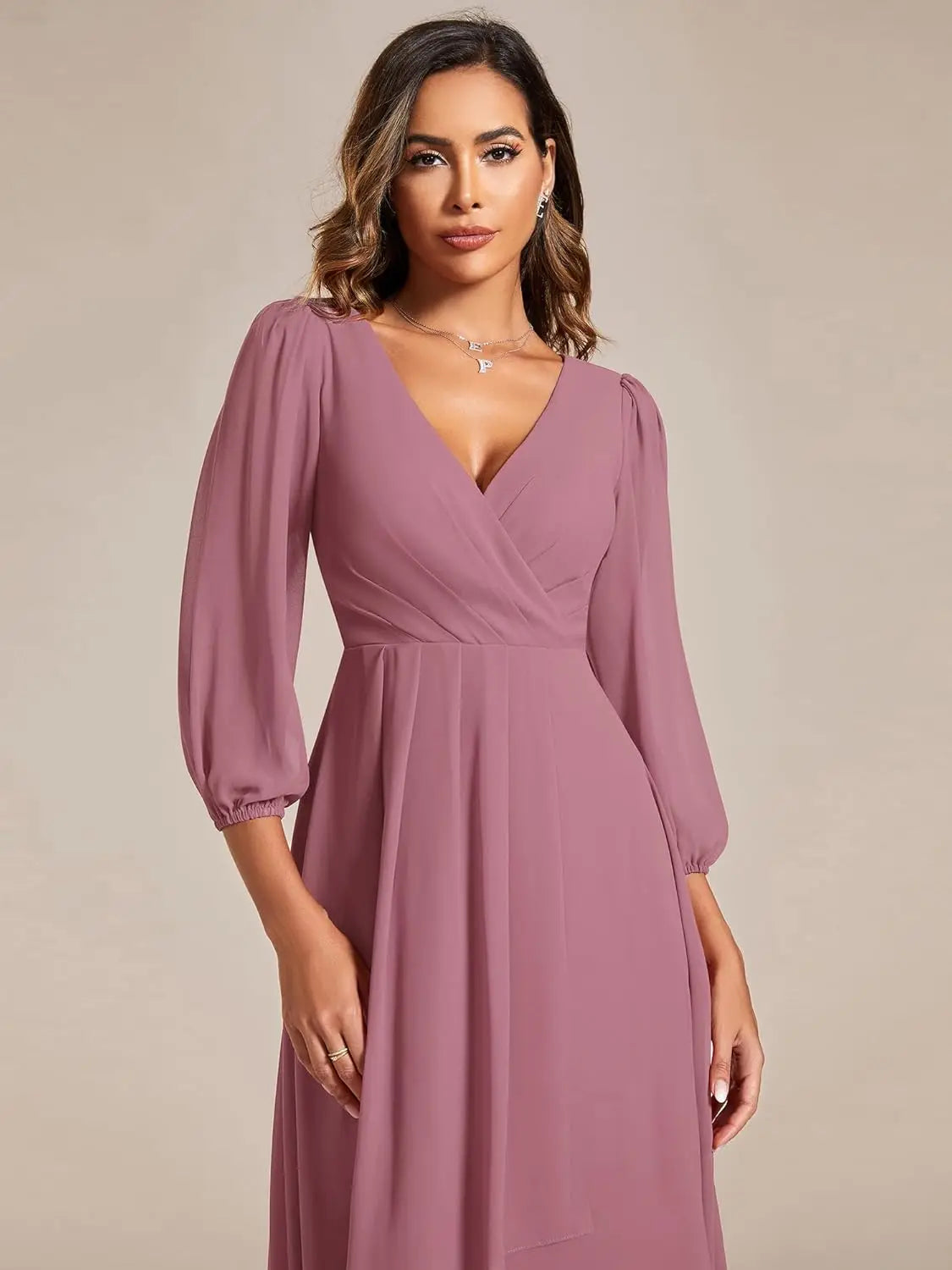 Ever-Pretty Women's Chiffon V Neck Long Sleeves Pleated A-Line Midi Length Wedding Guest Dress