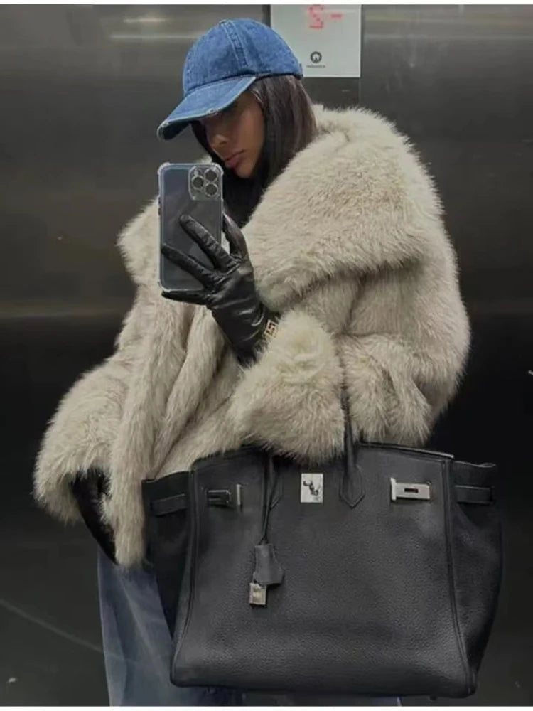 Autumn Winter Women Casual Faux Fur Jackets Fashion Streetwear Solid Oversized Turn Down Collar Elegant Thick Coats