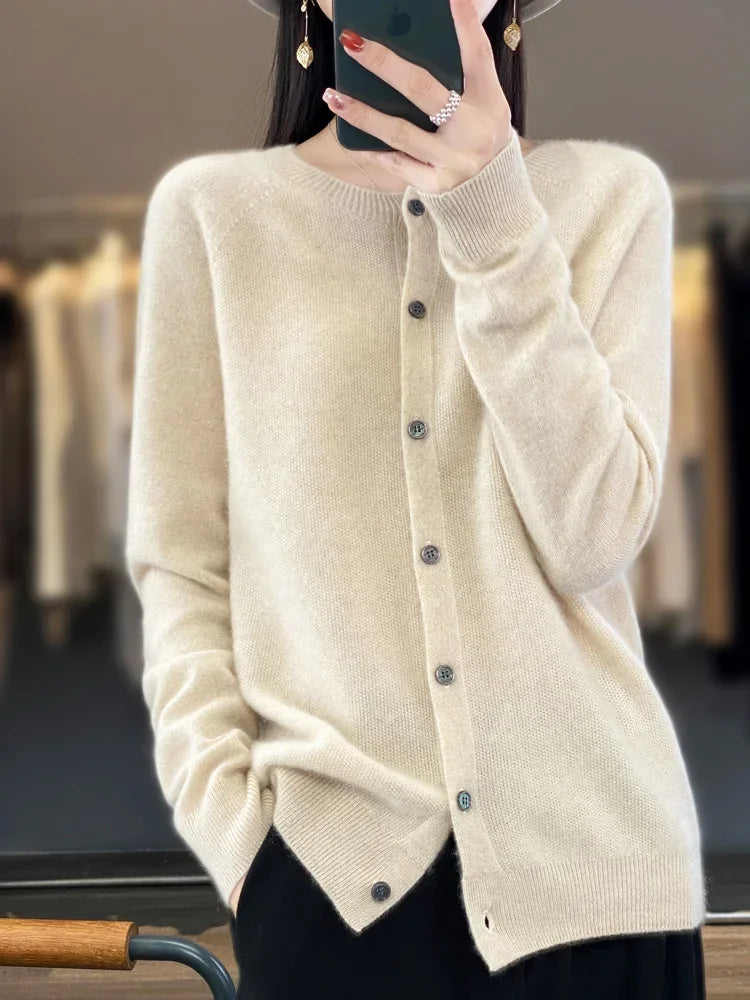 Long Sleeve 100% Merino Wool Sweaters Cashmere Cardigan Spring Autumn Women O-Neck Knitwear