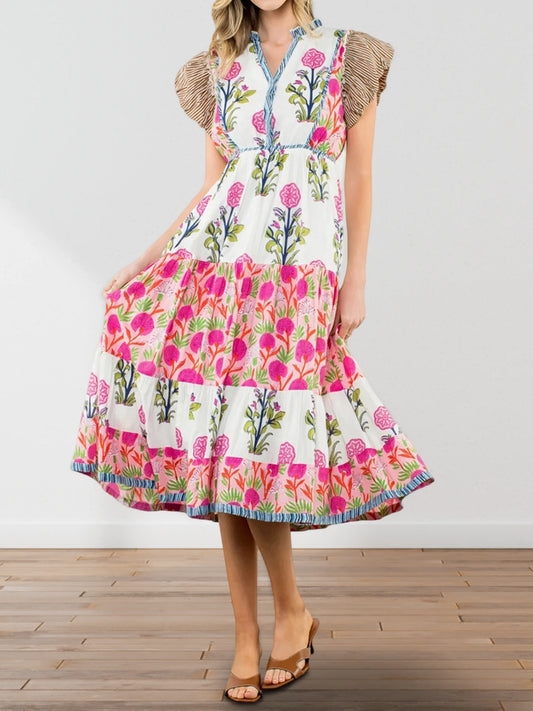 Elegant Boho Style Maxi Dress with Ruffle Sleeves and V-Neckline