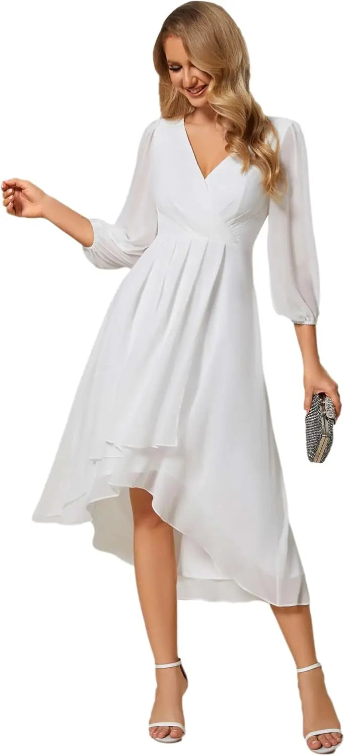 Ever-Pretty Women's Chiffon V Neck Long Sleeves Pleated A-Line Midi Length Wedding Guest Dress