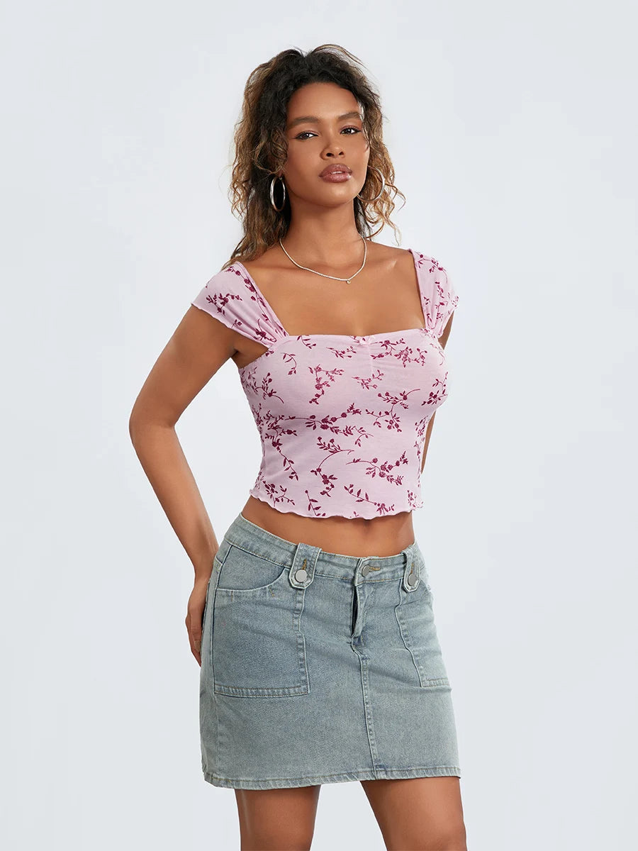 Women Crop Floral T-Shirts Summer Short Sleeve