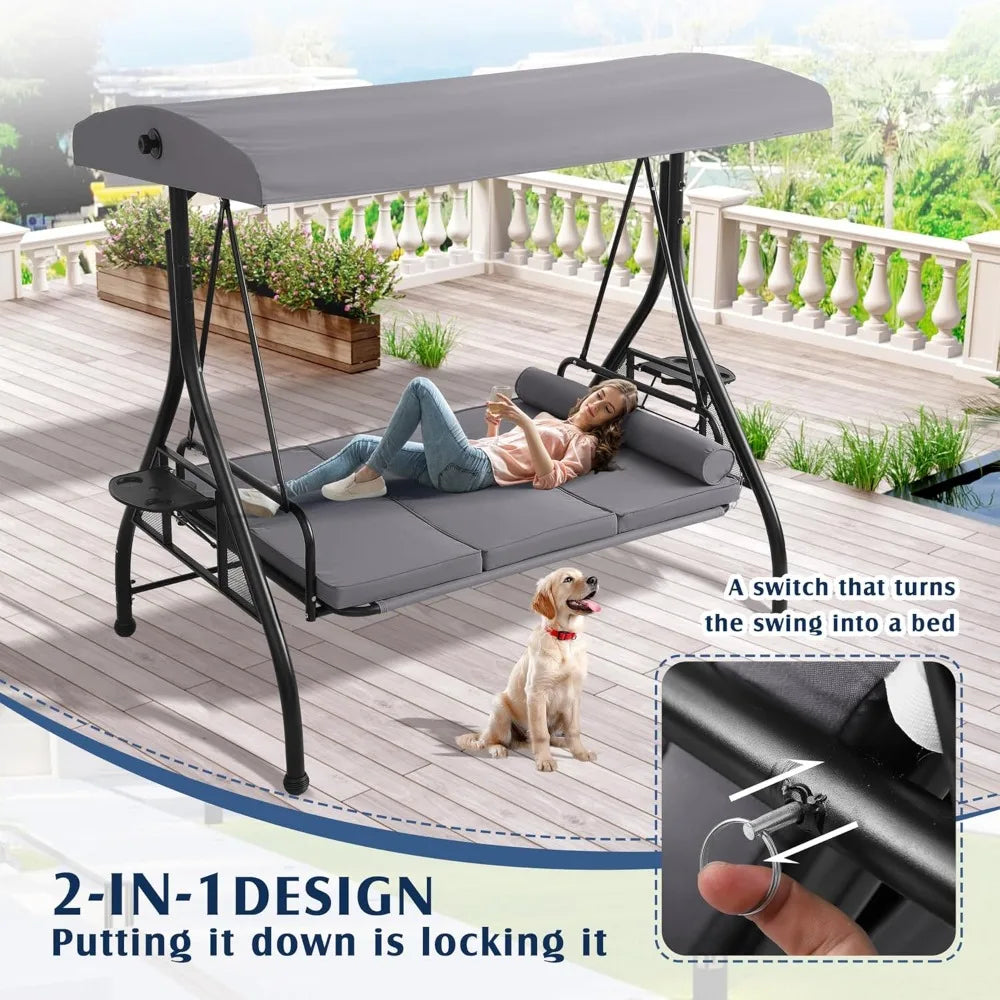 Grepatio Outdoor Porch Swing with Canopy and Stand, 3 Person Patio Swing for Adults, Convertible 2 in 1 Porch Bed Swing with Cup