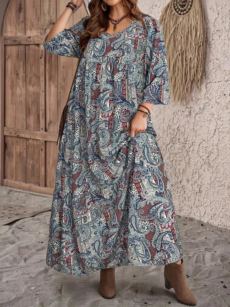 Boho Print Maxi Dress with V-Neck and 3/4 Sleeves, Loose Fit for Casual or Vacation Wear