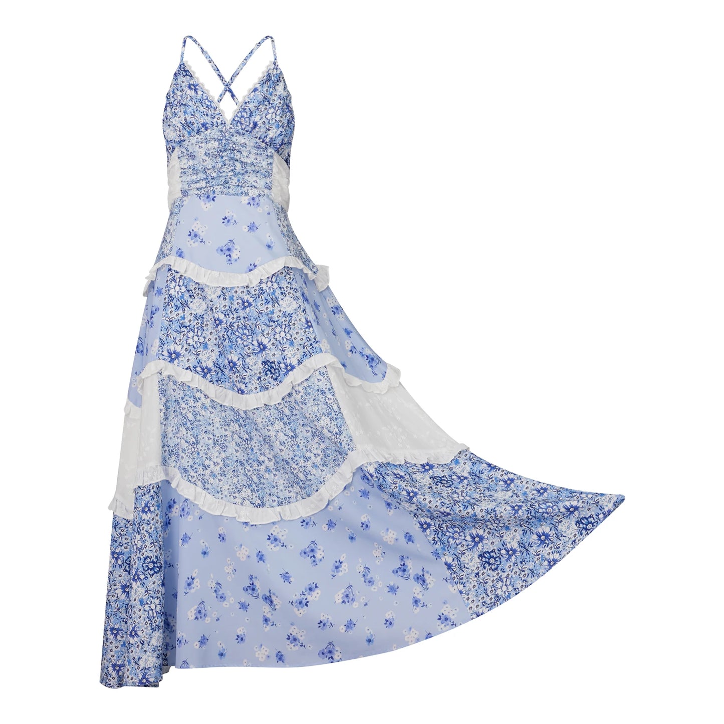 Elegant Boho Chic Maxi Dress with Floral Print and Delicate Lace Details sleeveless
