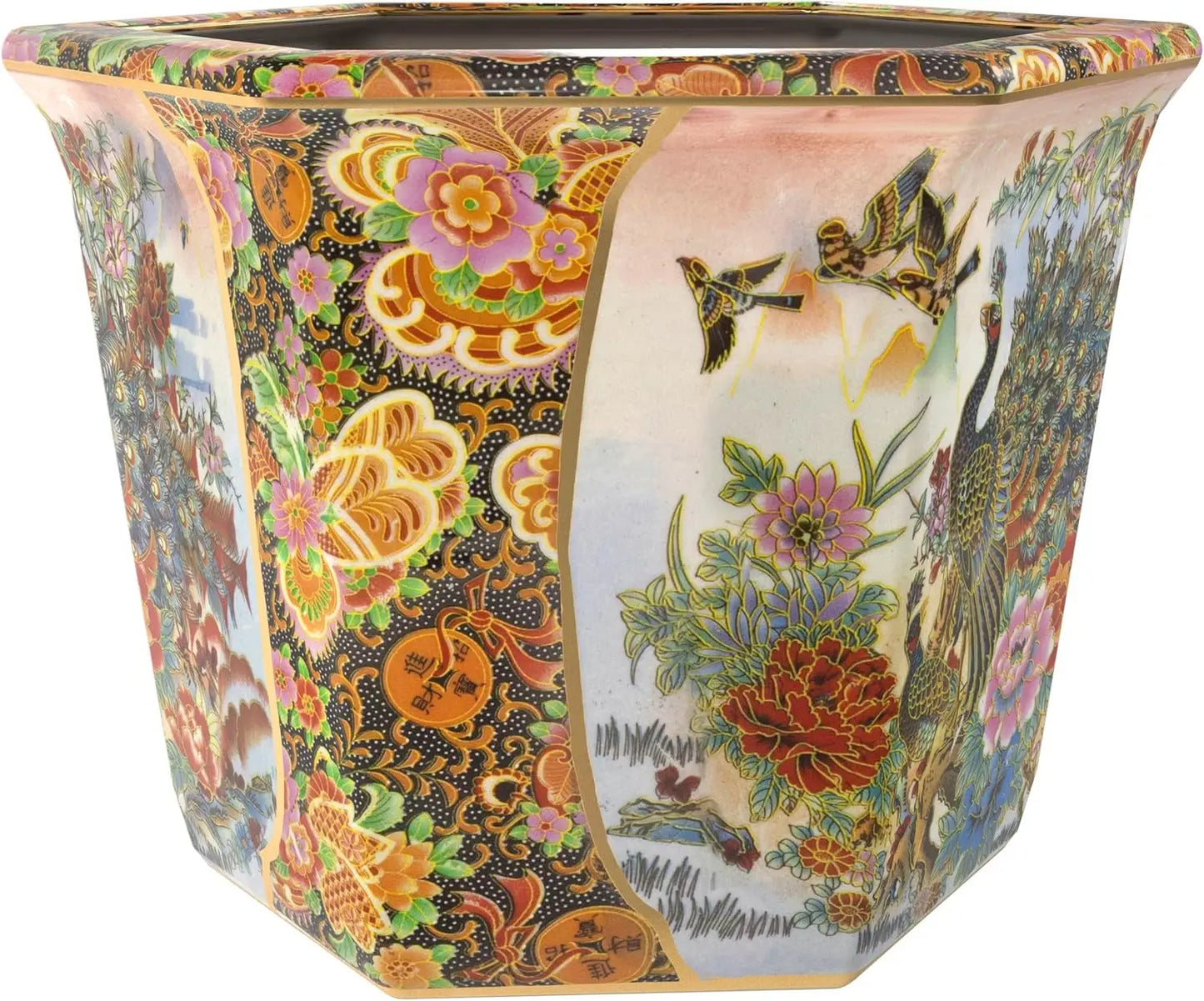 10" Hexagonal Porcelain Flower Pot with Hand-Painted Peacock & Floral Design, Indoor/Outdoor Plant Decor